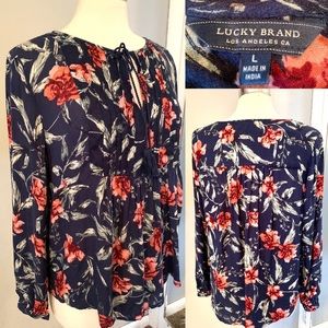 Women’s Lucky Brand Floral Pheasant Blouse Size L career casual Navy Blue boho